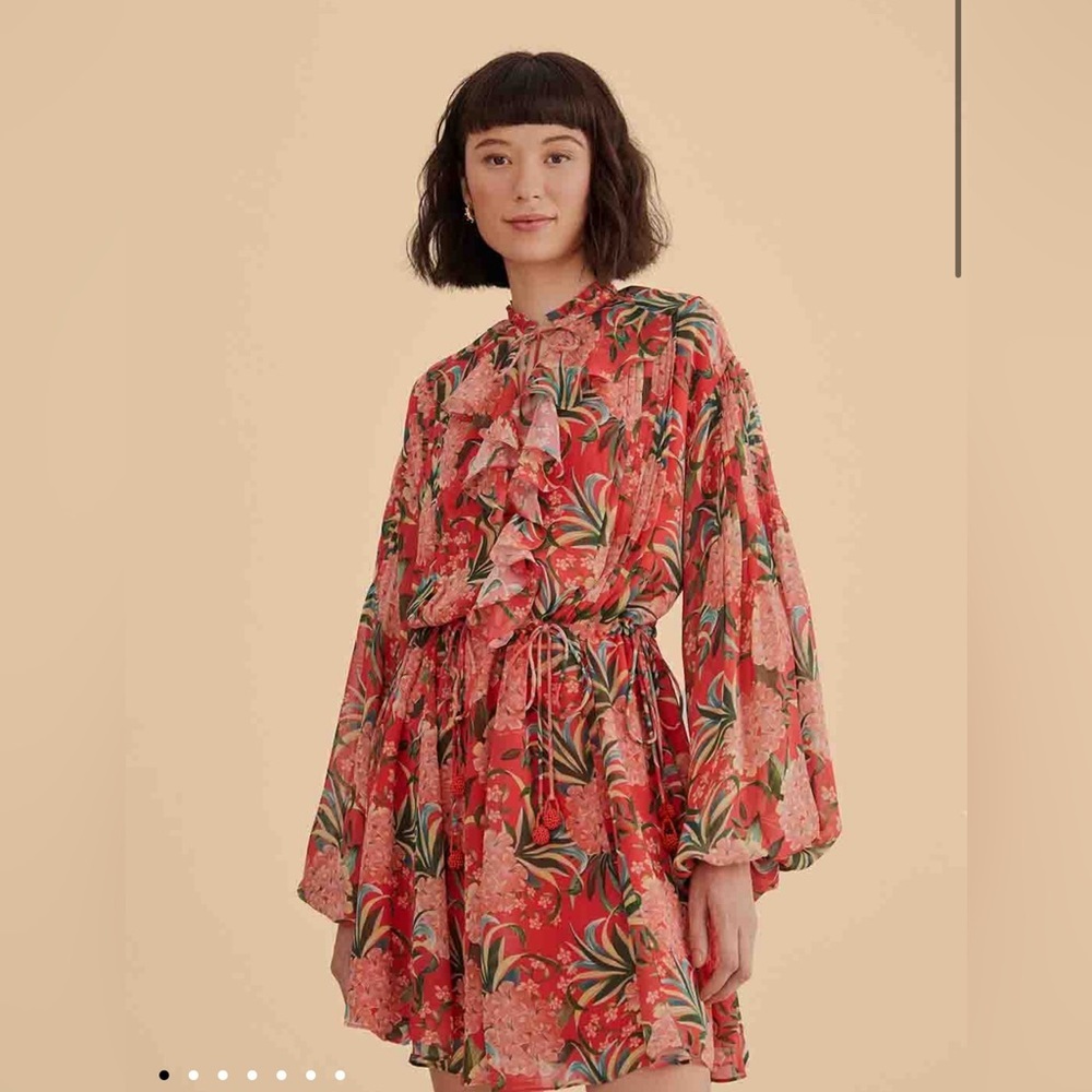 Farm Rio Red Pineapple Bloom V Neck Mini Dress